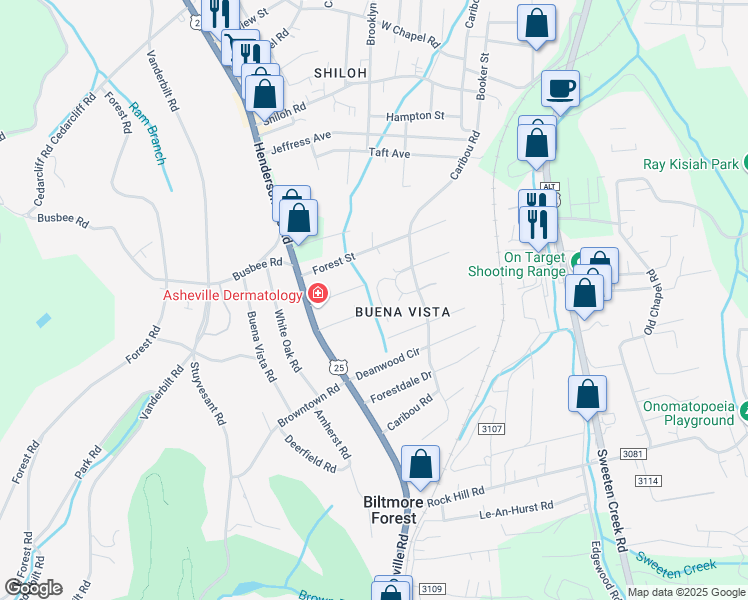 map of restaurants, bars, coffee shops, grocery stores, and more near 54 Dawnwood Circle in Asheville