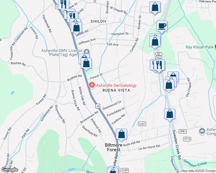 map of restaurants, bars, coffee shops, grocery stores, and more near 18 Ardmore Place in Asheville