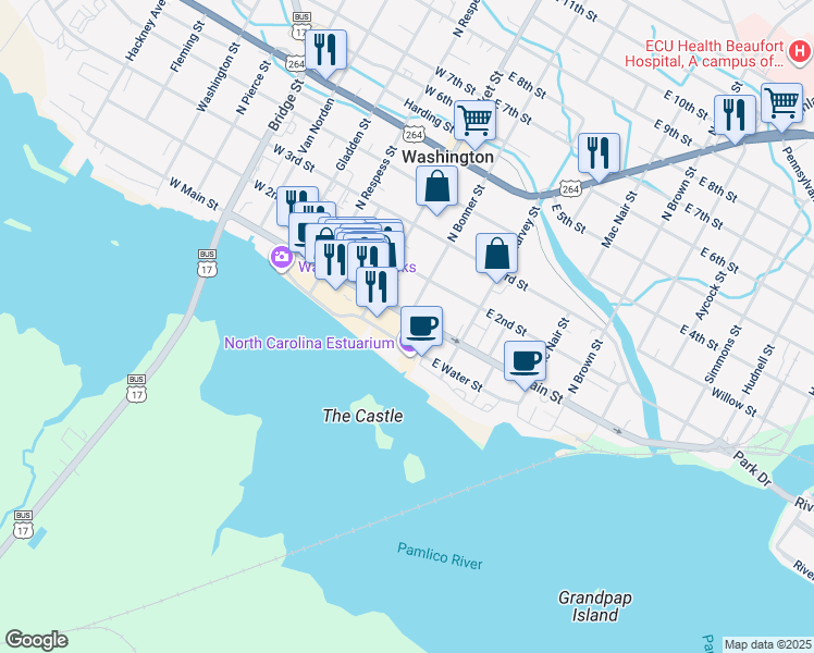 map of restaurants, bars, coffee shops, grocery stores, and more near 103 South Bonner Street in Washington