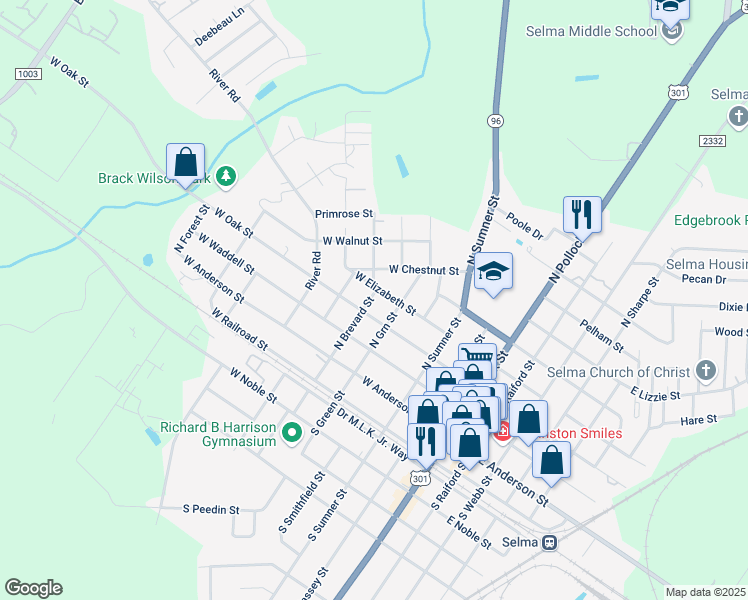 map of restaurants, bars, coffee shops, grocery stores, and more near 308 North Brevard Street in Selma