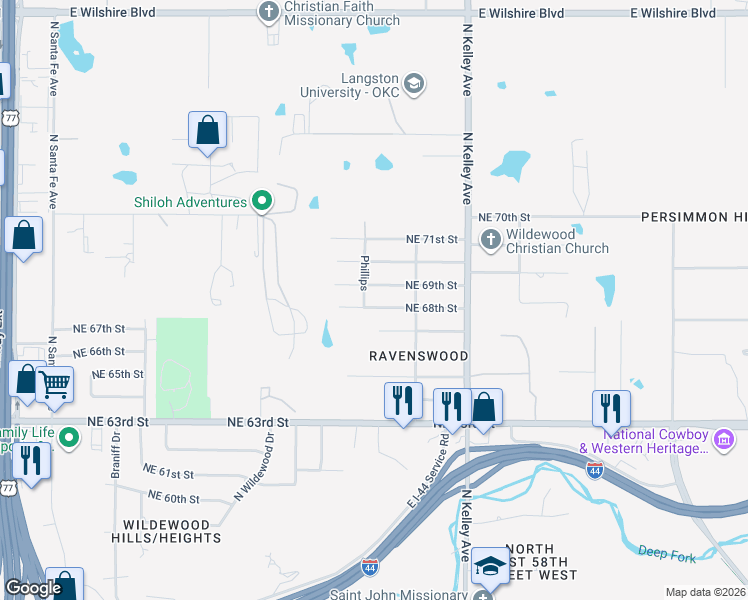 map of restaurants, bars, coffee shops, grocery stores, and more near 801 Northeast 68th Street in Oklahoma City