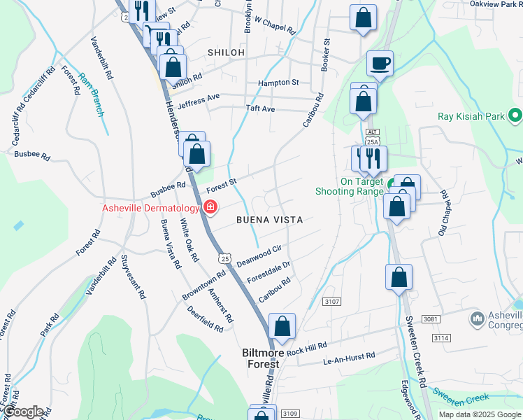 map of restaurants, bars, coffee shops, grocery stores, and more near 37 Dawnwood Circle in Asheville