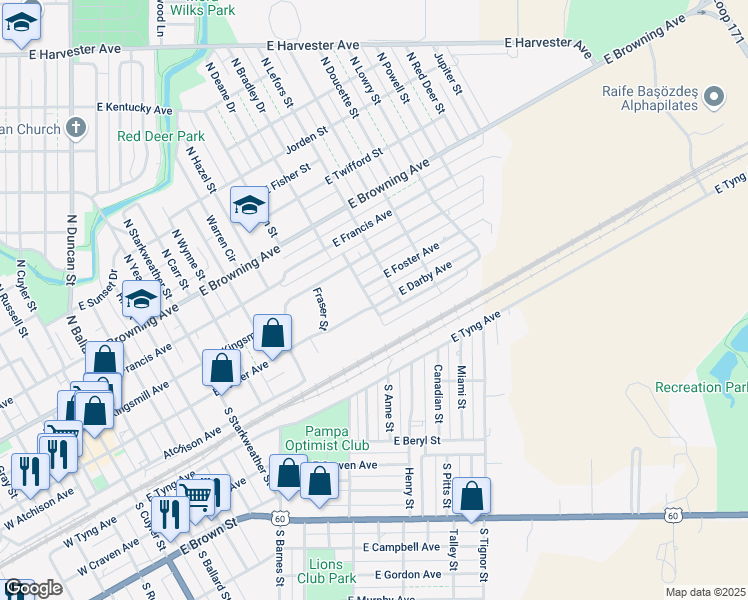 map of restaurants, bars, coffee shops, grocery stores, and more near 1001 East Darby Avenue in Pampa