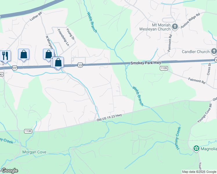 map of restaurants, bars, coffee shops, grocery stores, and more near 65 Indian Trail Road in Candler