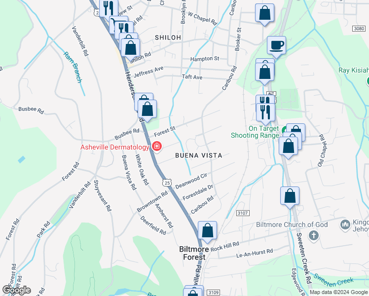 map of restaurants, bars, coffee shops, grocery stores, and more near 55 Dawnwood Circle in Asheville