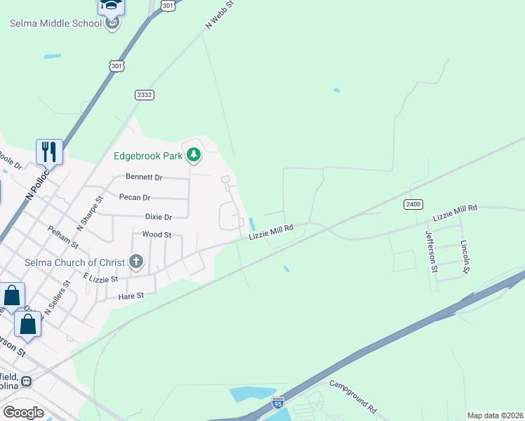 map of restaurants, bars, coffee shops, grocery stores, and more near 108 Sampson Court in Selma