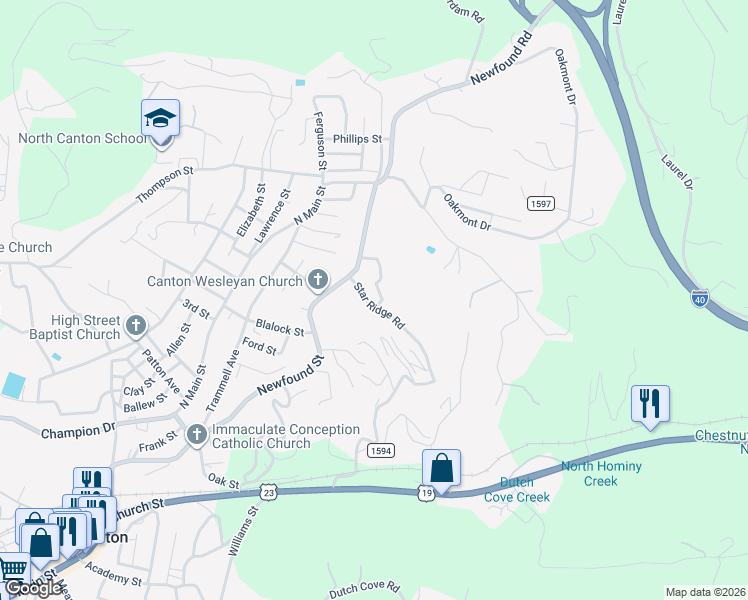 map of restaurants, bars, coffee shops, grocery stores, and more near 25 Star Ridge Road in Canton
