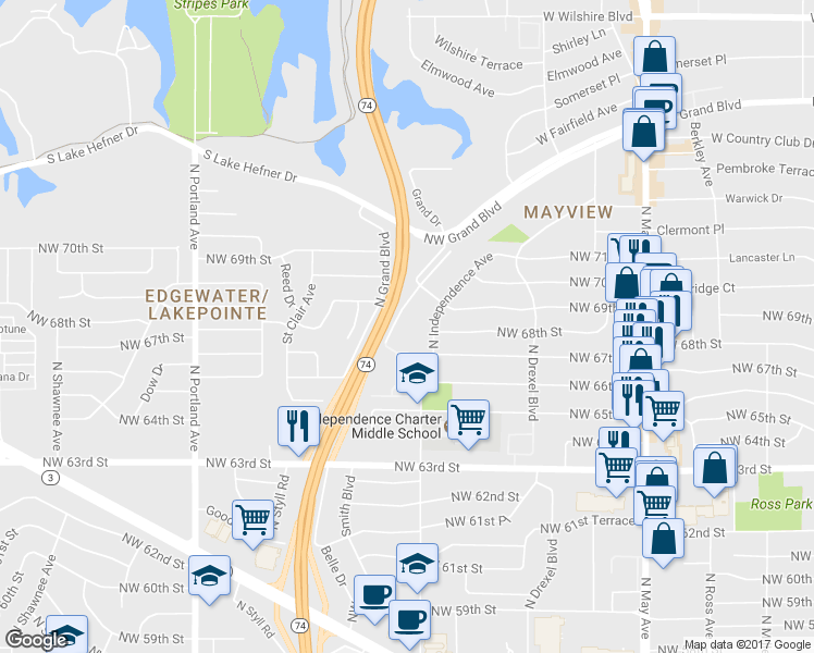 map of restaurants, bars, coffee shops, grocery stores, and more near 3356 Northwest Grand Boulevard in Oklahoma City