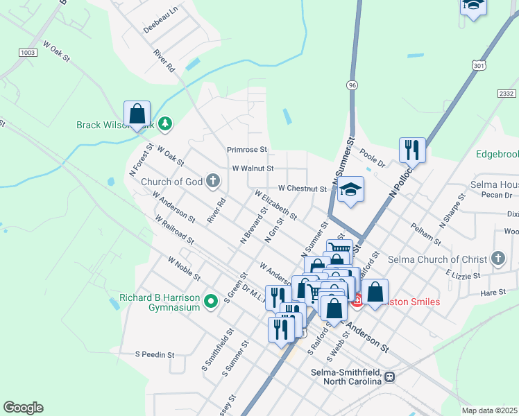 map of restaurants, bars, coffee shops, grocery stores, and more near 303 North Brevard Street in Selma