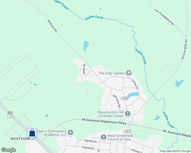 map of restaurants, bars, coffee shops, grocery stores, and more near 515 Barbour Road in Smithfield