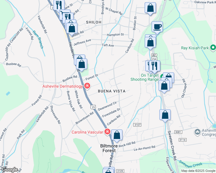 map of restaurants, bars, coffee shops, grocery stores, and more near 11 Dawnwood Circle in Asheville
