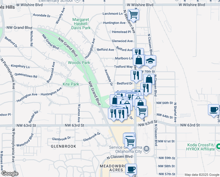 map of restaurants, bars, coffee shops, grocery stores, and more near 6521 Avondale Drive in Nichols Hills