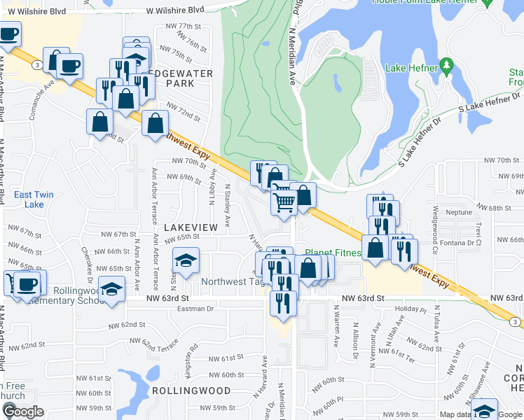 map of restaurants, bars, coffee shops, grocery stores, and more near 4601 West Nicklas Avenue in Oklahoma City