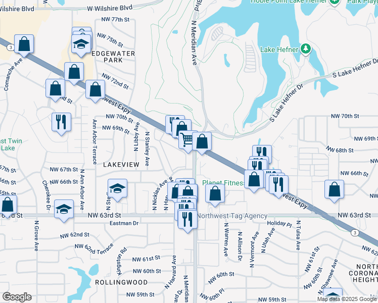 map of restaurants, bars, coffee shops, grocery stores, and more near 6809 North Meridian Avenue in Oklahoma City