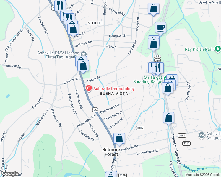 map of restaurants, bars, coffee shops, grocery stores, and more near 11 Dawnwood Circle in Asheville