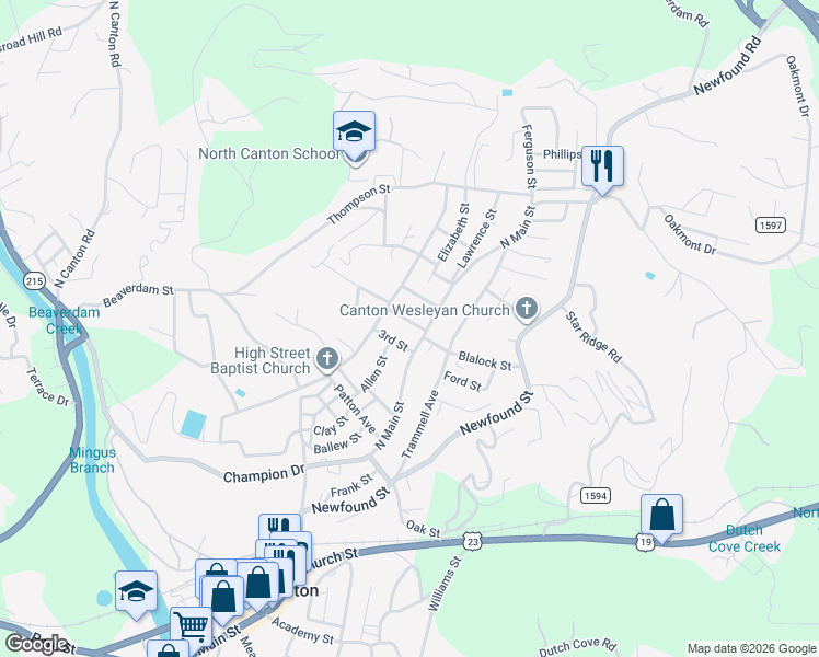 map of restaurants, bars, coffee shops, grocery stores, and more near 8 3rd Street in Canton