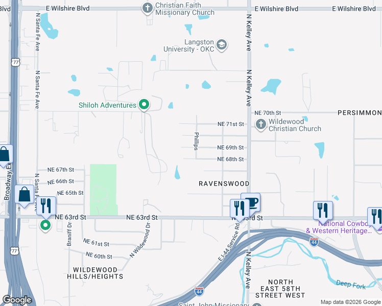 map of restaurants, bars, coffee shops, grocery stores, and more near 801 Northeast 68th Street in Oklahoma City