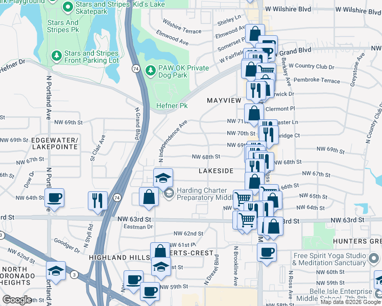 map of restaurants, bars, coffee shops, grocery stores, and more near 3200 Northwest 68th Street in Oklahoma City