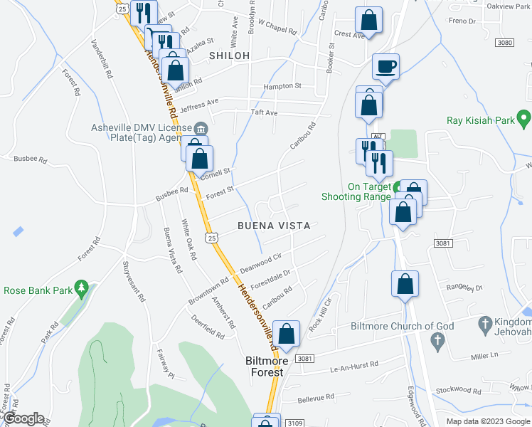 map of restaurants, bars, coffee shops, grocery stores, and more near 13 Dawnwood Circle in Asheville