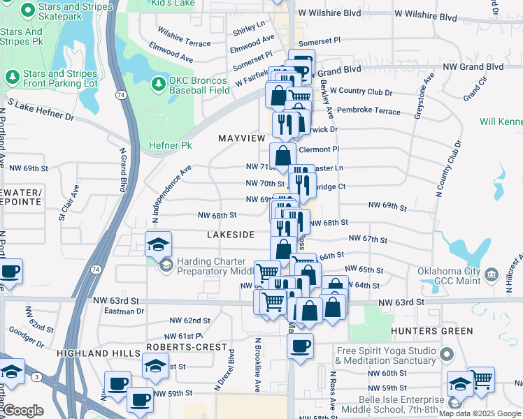 map of restaurants, bars, coffee shops, grocery stores, and more near 3017 Northwest 68th Street in Oklahoma City