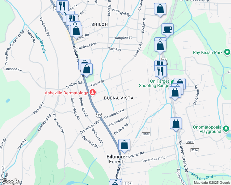 map of restaurants, bars, coffee shops, grocery stores, and more near 14 Dawnwood Circle in Asheville