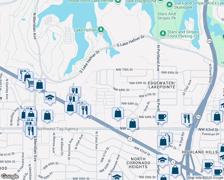 map of restaurants, bars, coffee shops, grocery stores, and more near 4008 Neptune in Oklahoma City