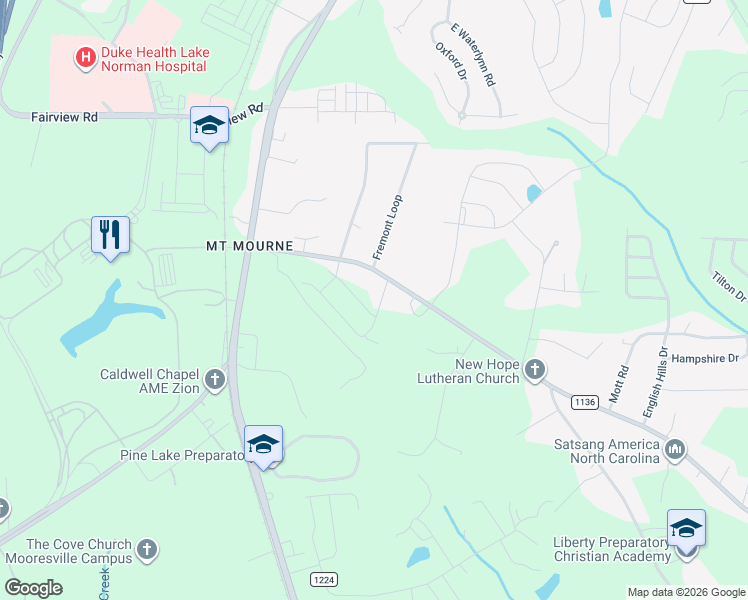 map of restaurants, bars, coffee shops, grocery stores, and more near 126 Ryan Lane in Mooresville