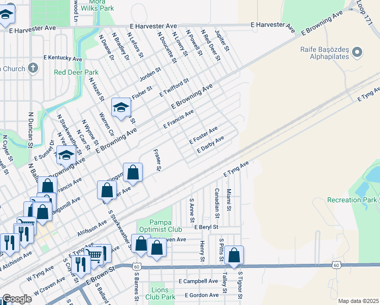 map of restaurants, bars, coffee shops, grocery stores, and more near 1001-1099 E Darby Ave in Pampa