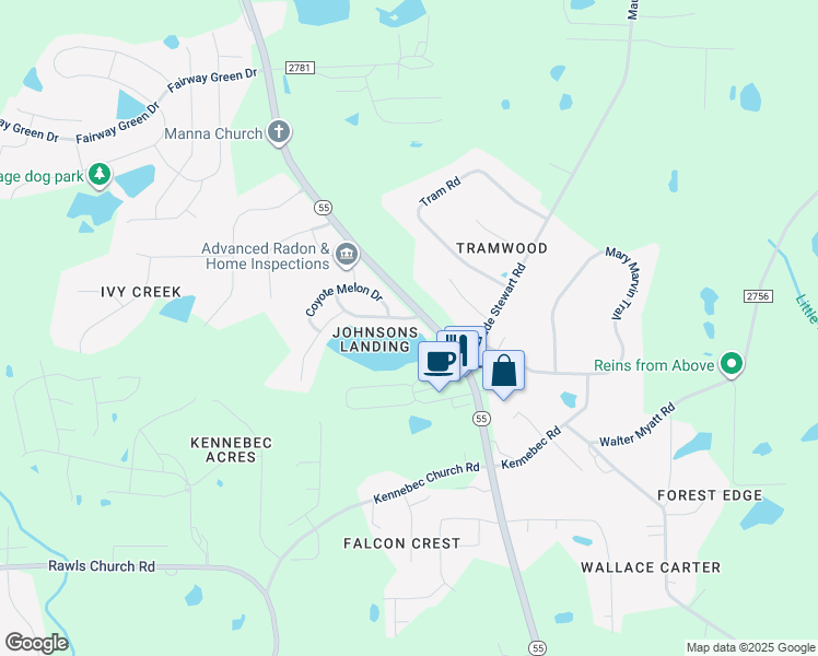 map of restaurants, bars, coffee shops, grocery stores, and more near 3109 Maranka Drive in Angier