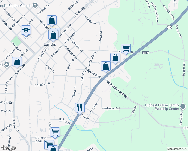map of restaurants, bars, coffee shops, grocery stores, and more near 712 East Mills Drive in Landis