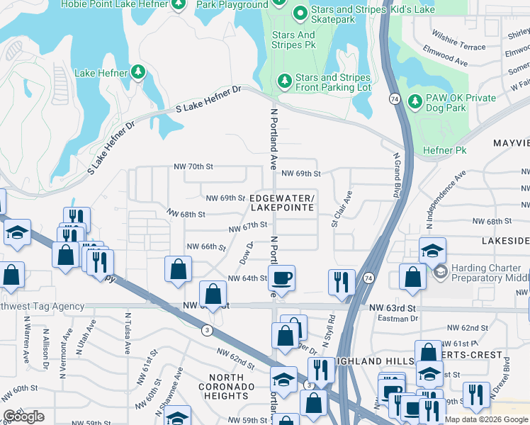 map of restaurants, bars, coffee shops, grocery stores, and more near 3705 Northwest 67th Street in Oklahoma City