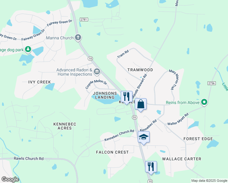 map of restaurants, bars, coffee shops, grocery stores, and more near 3109 Maranka Drive in Angier
