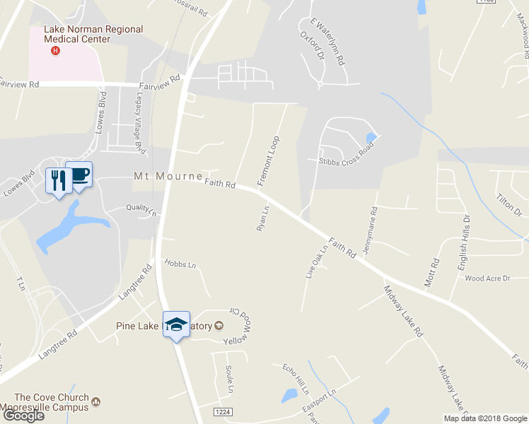 map of restaurants, bars, coffee shops, grocery stores, and more near Ryan Lane in Mooresville