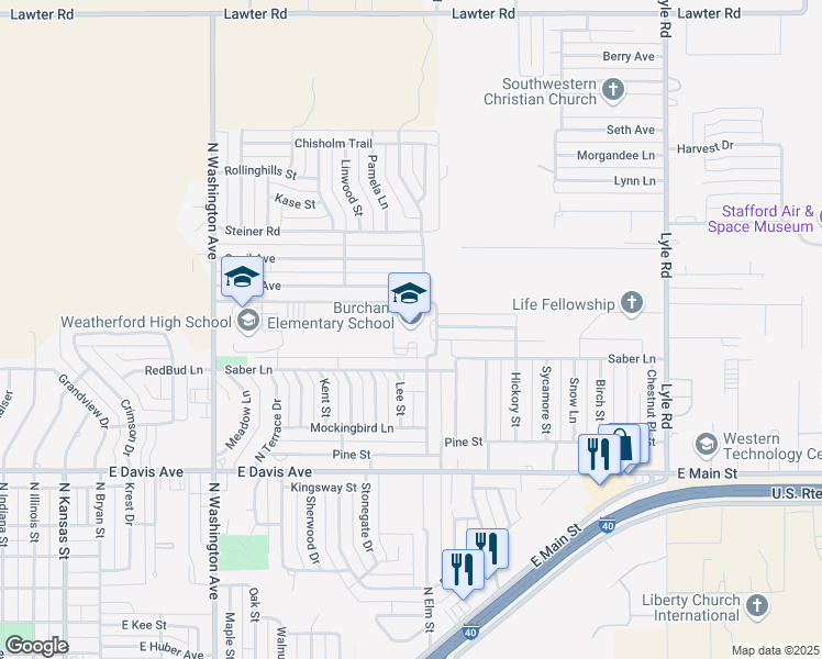 map of restaurants, bars, coffee shops, grocery stores, and more near 1401 Lark Street in Weatherford