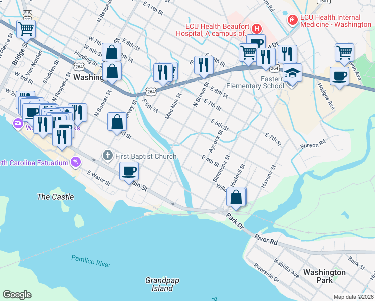 map of restaurants, bars, coffee shops, grocery stores, and more near 308 South Charlotte Street in Washington