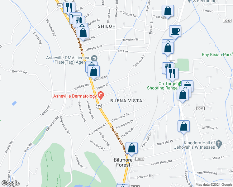 map of restaurants, bars, coffee shops, grocery stores, and more near 59 Dawnwood Circle in Asheville