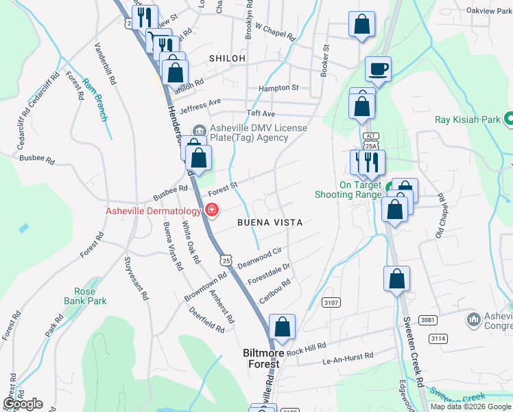 map of restaurants, bars, coffee shops, grocery stores, and more near 20 Dawnwood Circle in Asheville