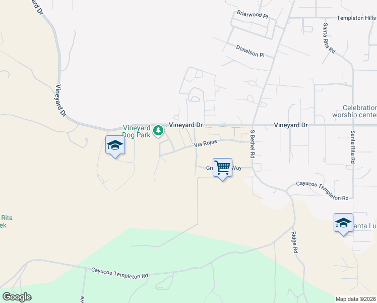 map of restaurants, bars, coffee shops, grocery stores, and more near 1725 Via Rojas in Templeton