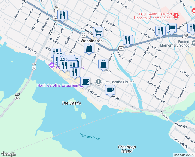 map of restaurants, bars, coffee shops, grocery stores, and more near 120 North Academy Street in Washington