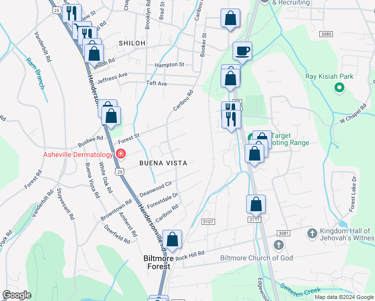 map of restaurants, bars, coffee shops, grocery stores, and more near 650 Caribou Road in Asheville