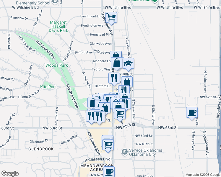 map of restaurants, bars, coffee shops, grocery stores, and more near 1101 Fenwick Place in Nichols Hills