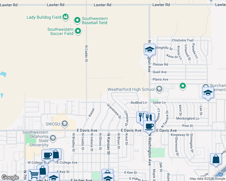 map of restaurants, bars, coffee shops, grocery stores, and more near 703 Cornerstone Avenue in Weatherford