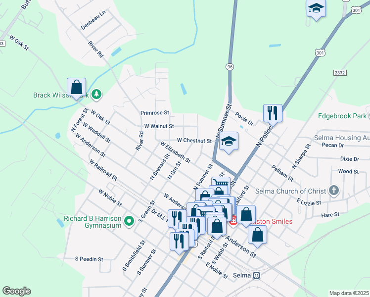 map of restaurants, bars, coffee shops, grocery stores, and more near 407 North Green Street in Selma