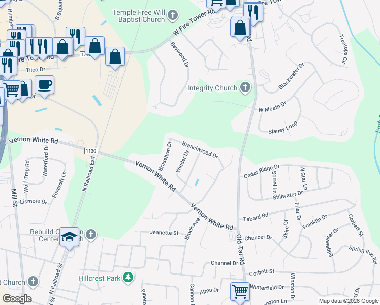 map of restaurants, bars, coffee shops, grocery stores, and more near 2115 Winder Drive in Winterville