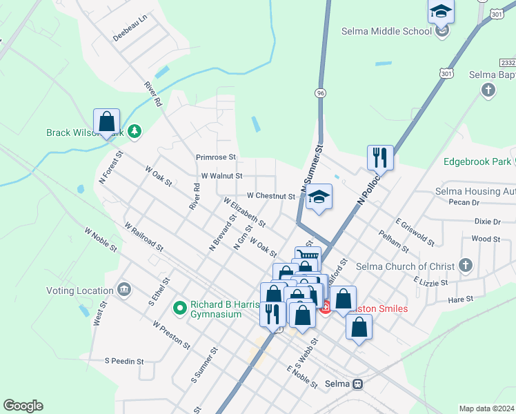 map of restaurants, bars, coffee shops, grocery stores, and more near 407 North Green Street in Selma