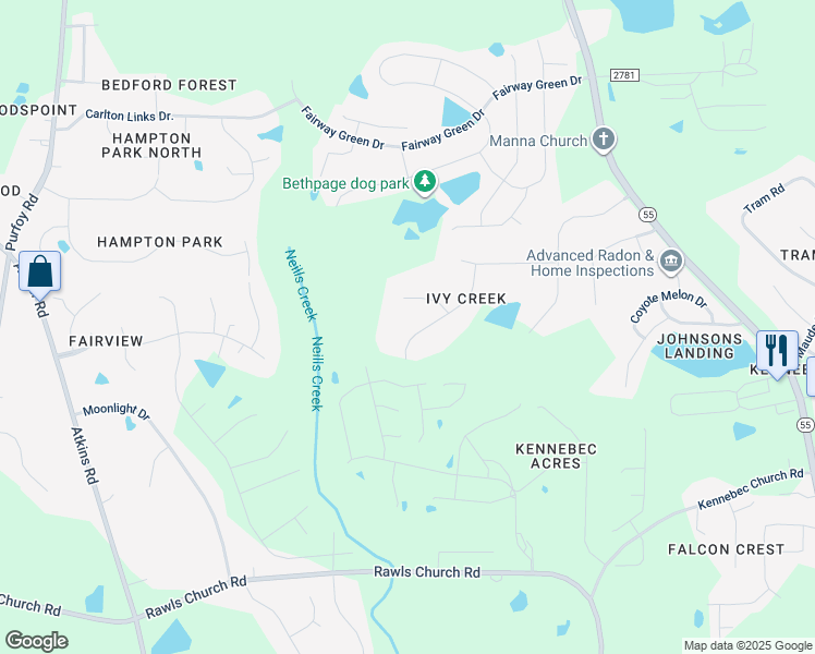 map of restaurants, bars, coffee shops, grocery stores, and more near 3236 Virginia Creeper Lane in Wake County