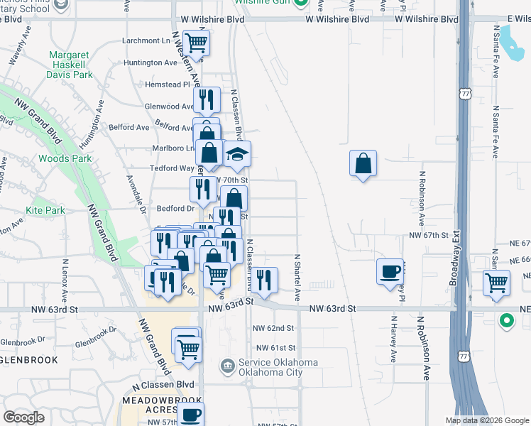 map of restaurants, bars, coffee shops, grocery stores, and more near 911 Northwest 67th Street in Oklahoma City