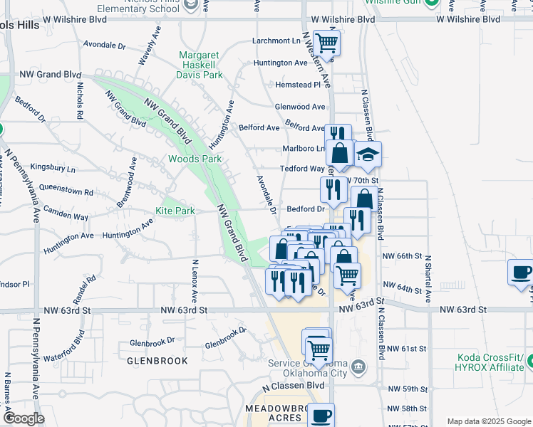 map of restaurants, bars, coffee shops, grocery stores, and more near 6521 Avondale Drive in Nichols Hills
