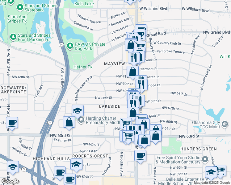 map of restaurants, bars, coffee shops, grocery stores, and more near 3052 Northwest 68th Street in Oklahoma City