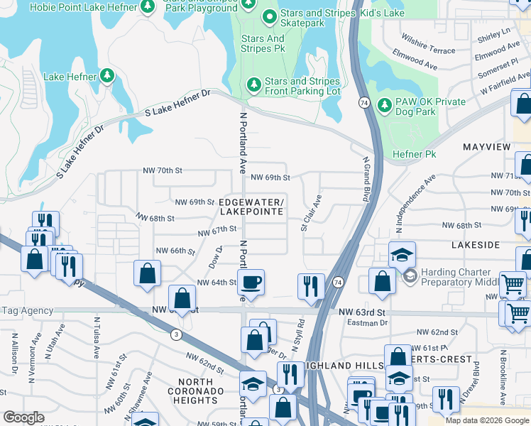 map of restaurants, bars, coffee shops, grocery stores, and more near 3624 Northwest 66th Street in Oklahoma City